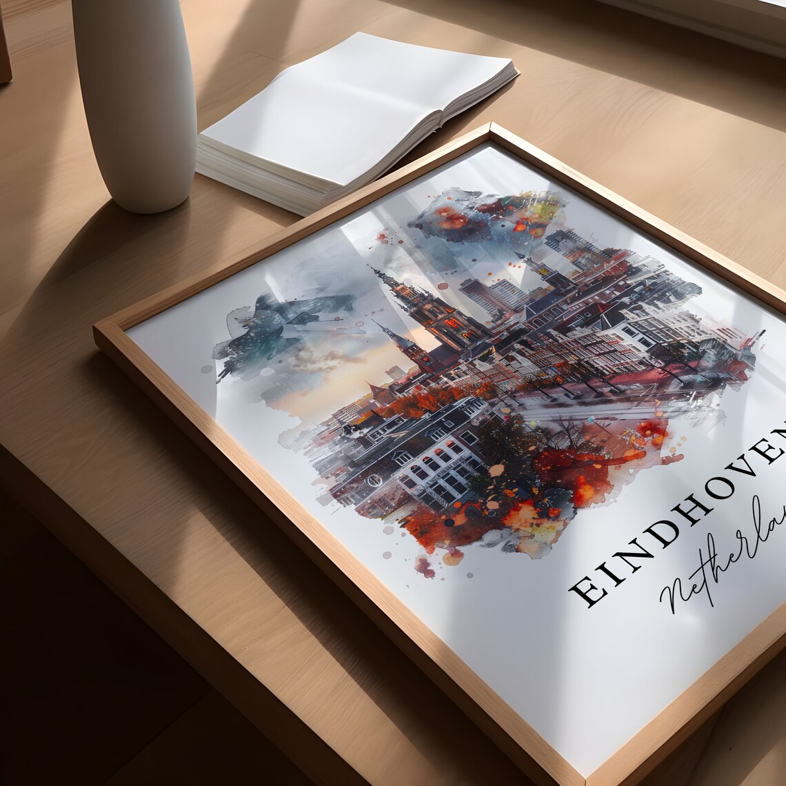 Eindhoven Netherlands Watercolor City Skyline Church Tower Poster - Image 5