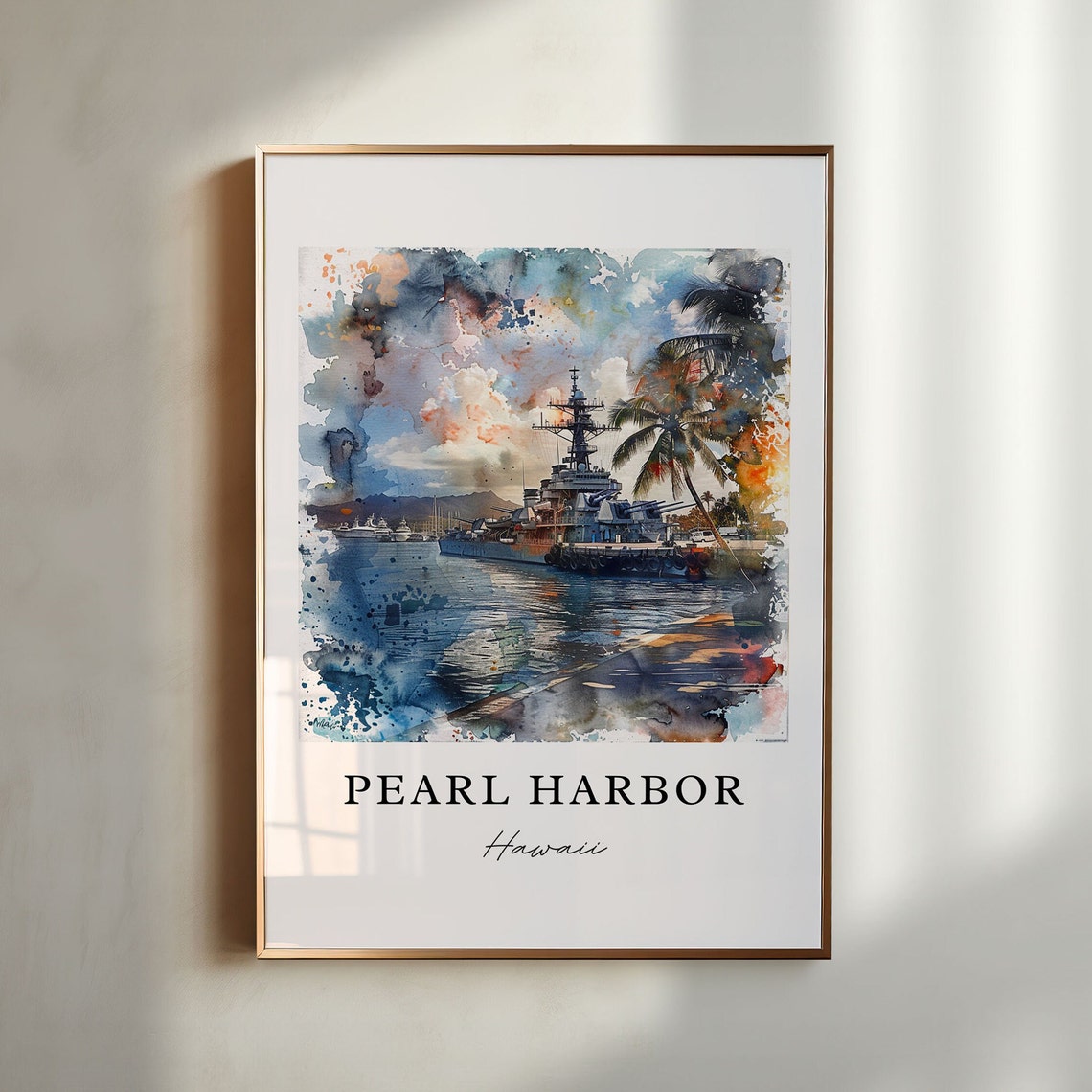 Pearl Harbor Hawaii Watercolor Battleship Memorial Harbor Poster