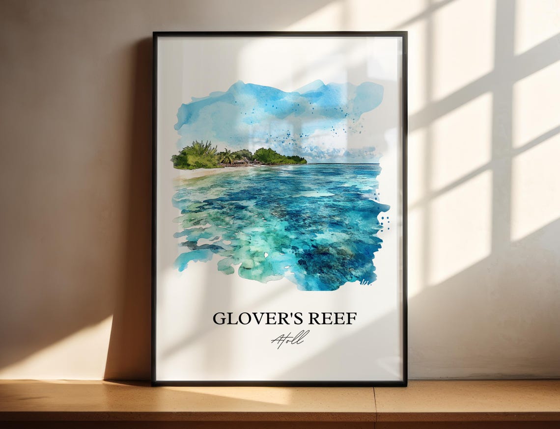 Glovers Reef Wall Art Belize Print Watercolor Gift Travel Poster Housewarming
