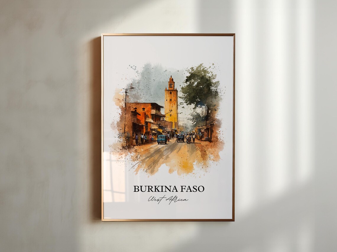 Burkina Faso West Africa Street Tower Watercolor Travel Poster - Image 5