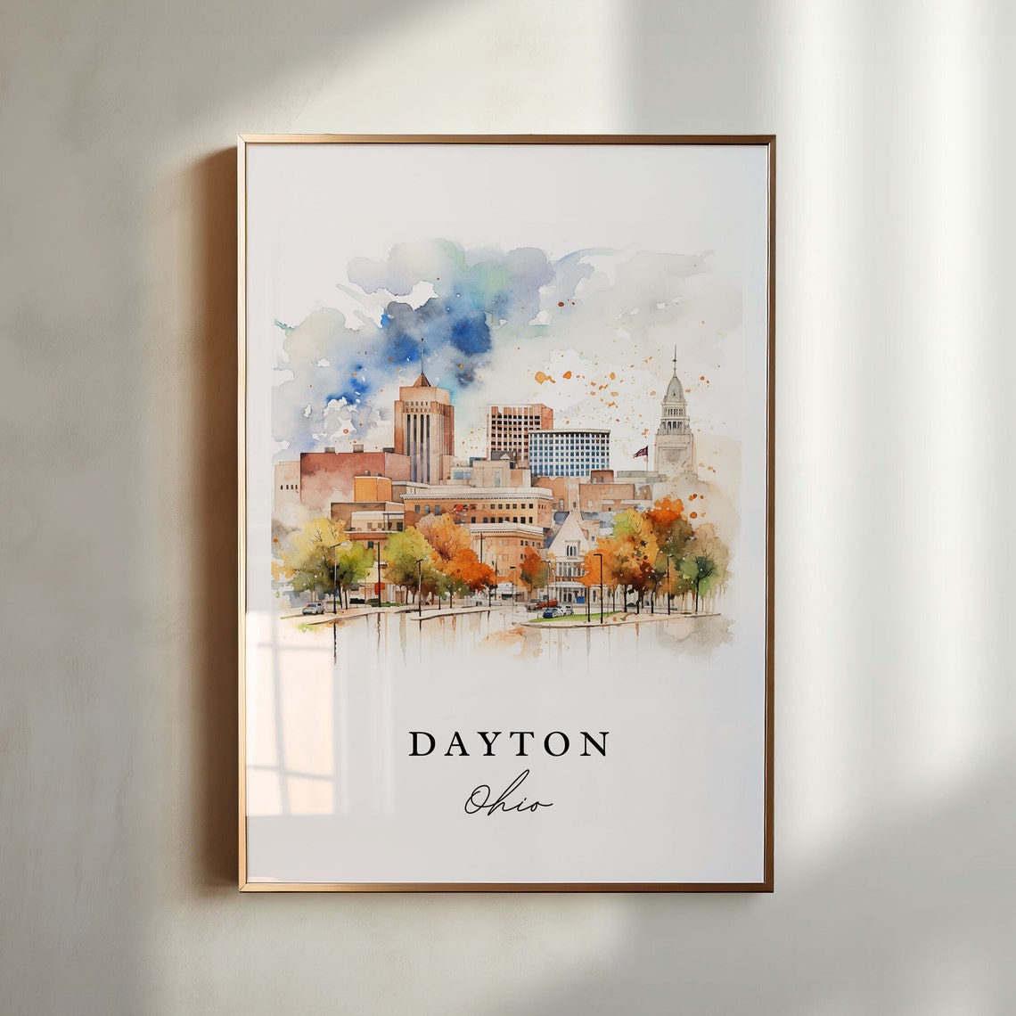 Dayton Ohio Watercolor Downtown Skyline Fall Cityscape Art Print