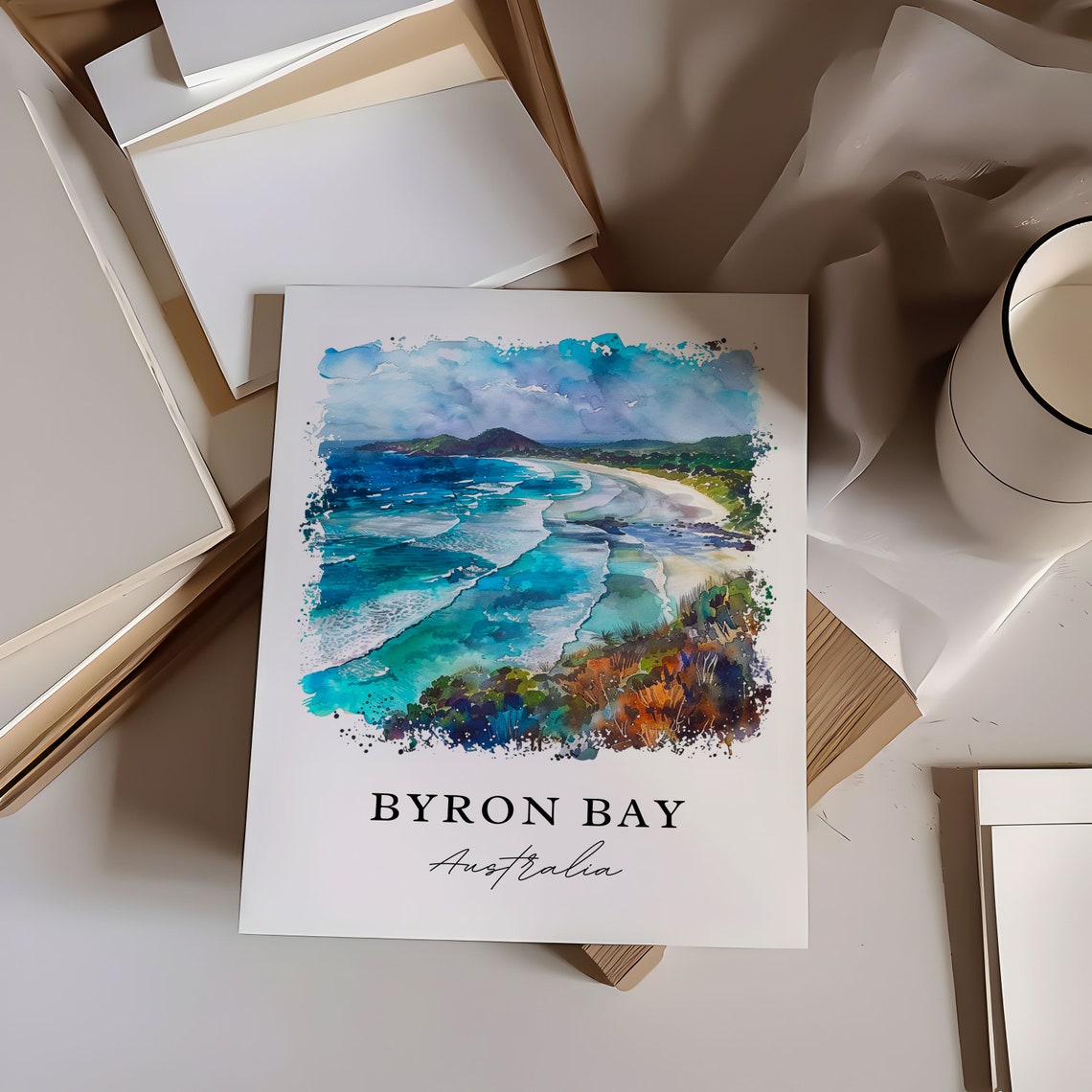 Byron Bay Australia Surf Beach Cliffs Watercolor Coastal Travel Poster - Image 6