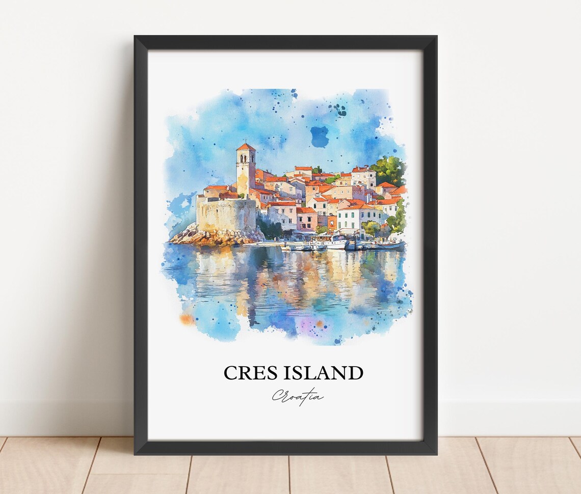Cres Island Croatia Walled Old Town Harbor Watercolor Poster - Image 2