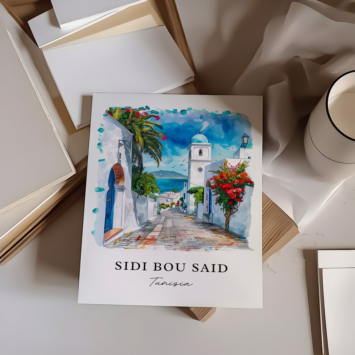Sidi Bou Said Tunisia Watercolor Blue White Village Street Print - Image 6