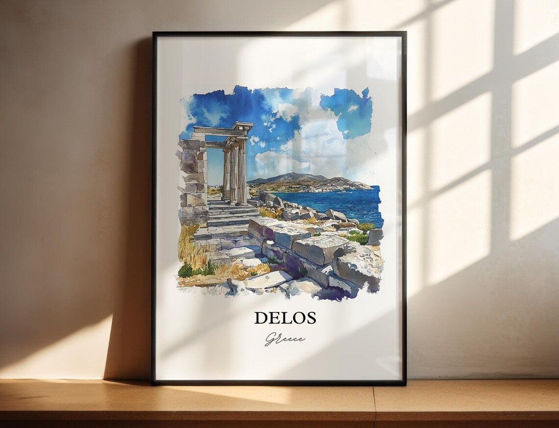 Delos Greece Ancient Ruins by the Sea Watercolor Travel Poster