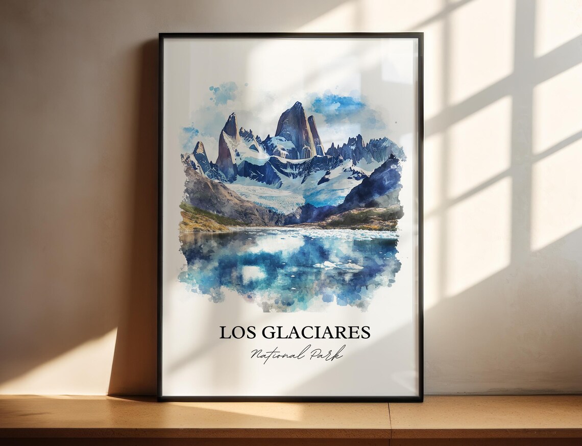 Los Glaciares National Park Snowy Peaks Watercolor Travel Poster