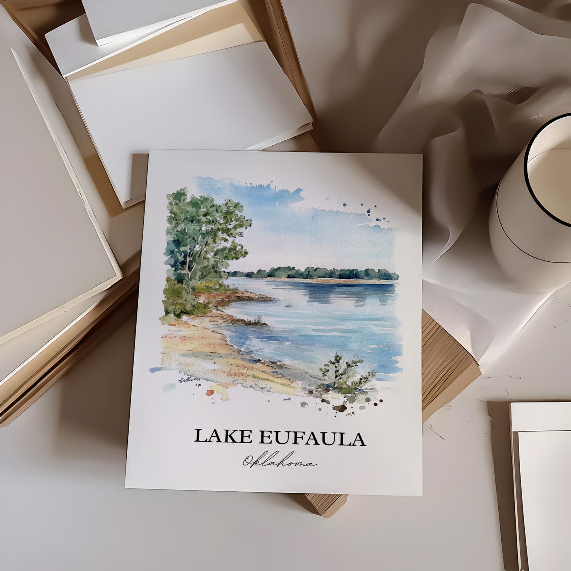 Lake Eufaula Oklahoma Quiet Sandy Shoreline Cove Watercolor Poster - Image 3