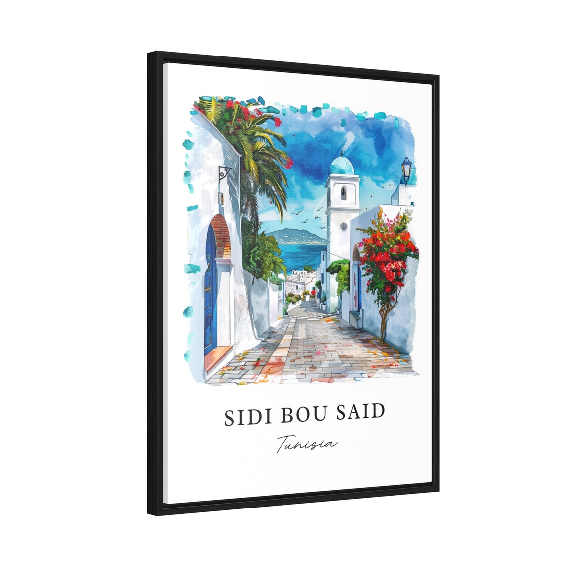 Sidi Bou Said Tunisia Watercolor Blue White Village Street Print - Image 2