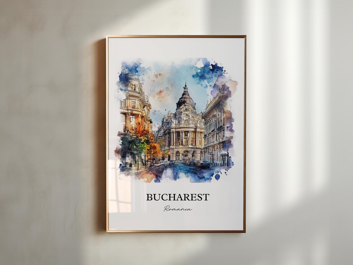Bucharest Romania Watercolor Grand City Street Scene Travel Poster - Image 5