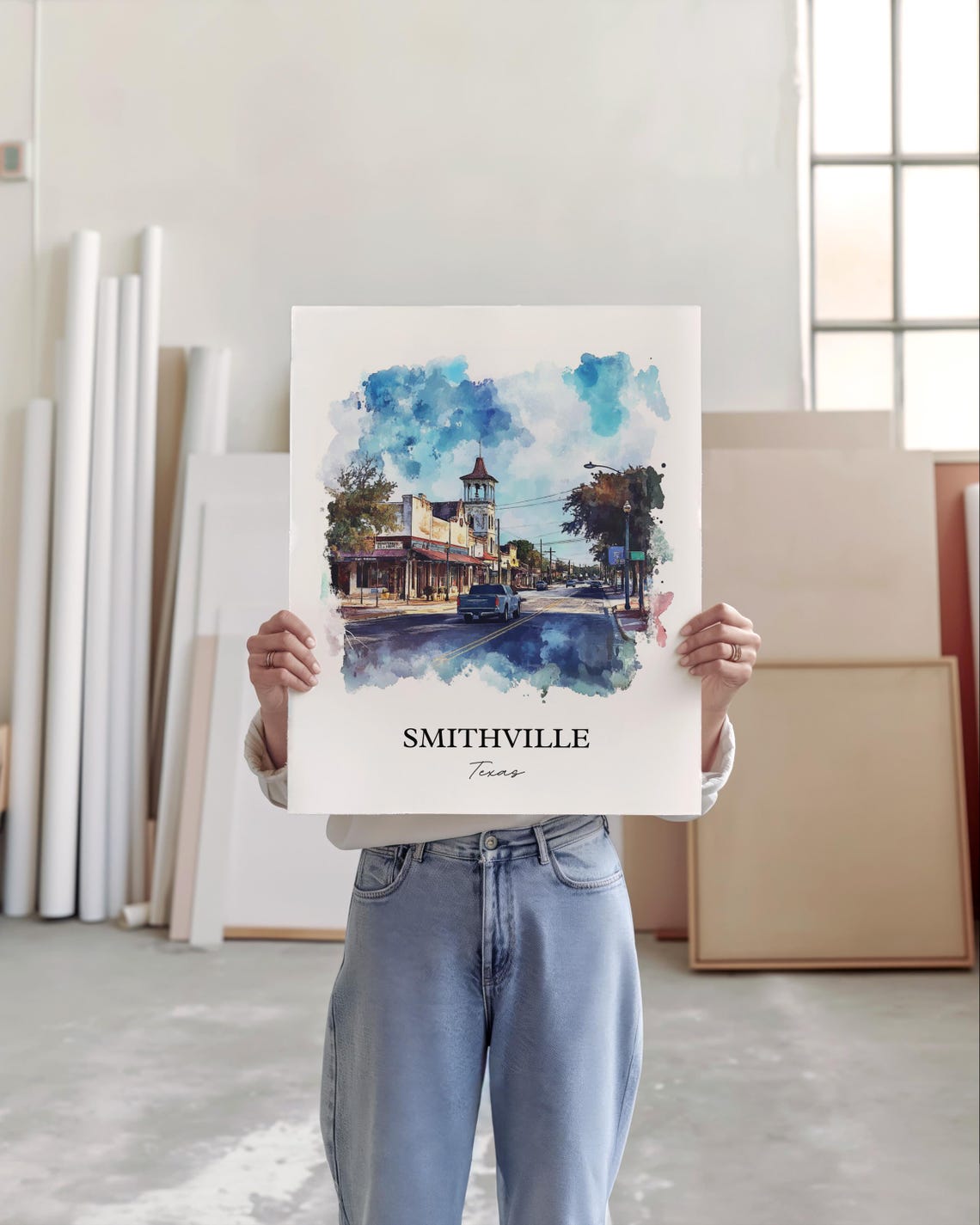 Smithville Texas Bell Tower Street Watercolor Travel Gift Poster - Image 4