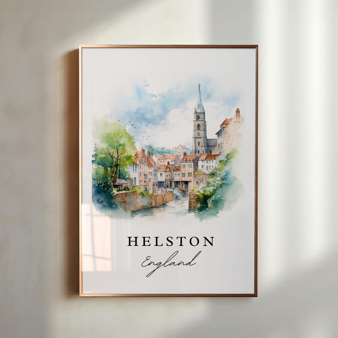 Helston England Riverside Church Spire Watercolor Town Scene Poster