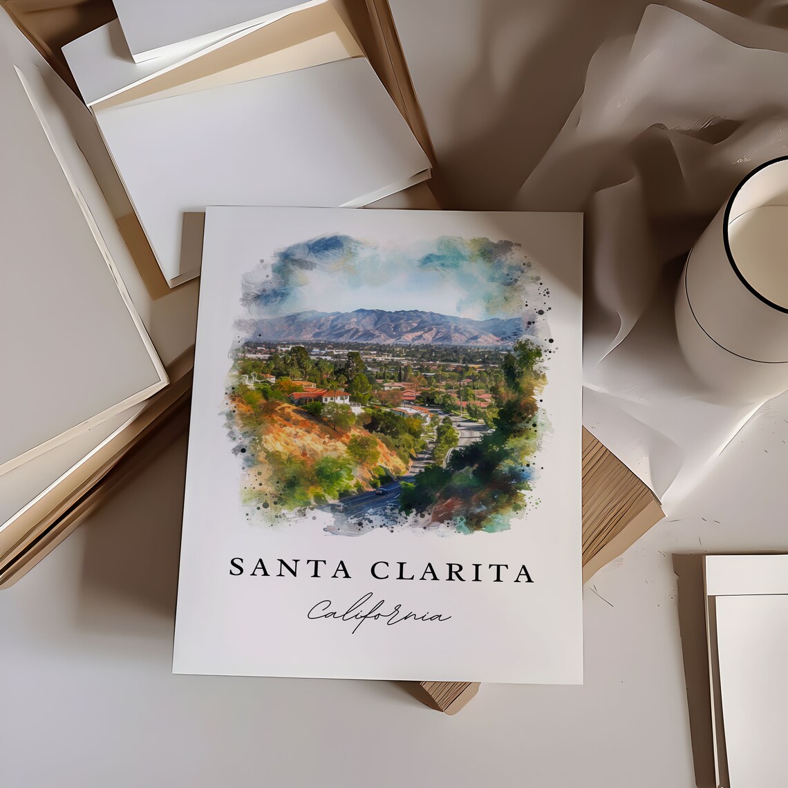 Santa Clarita California Valley City Mountain Watercolor Poster - Image 6