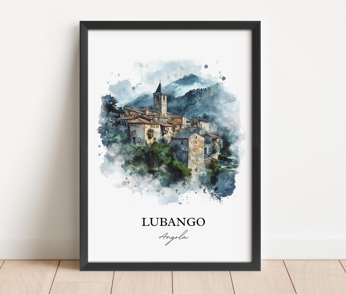 Lubango Angola Hillside Village Church Watercolor Travel Poster - Image 2