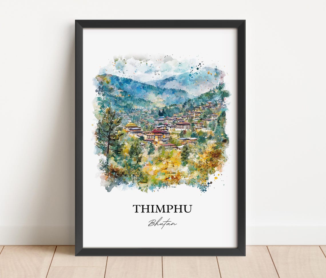 Thimphu Bhutan Watercolor Mountain Valley Town Himalayan Scene Poster - Image 2