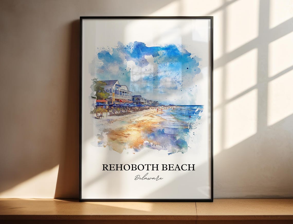 Rehoboth Beach Delaware Watercolor Beach Boardwalk Scene Poster