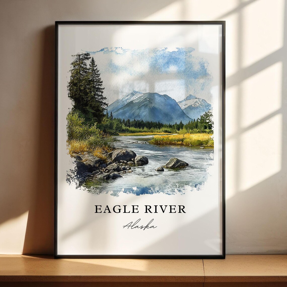 Eagle River Alaska Watercolor Travel Poster, Anchorage
