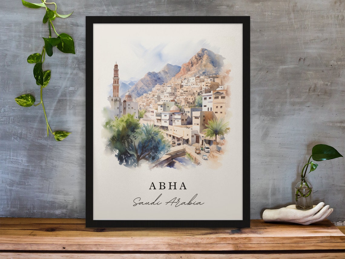 Abha Saudi Arabia Watercolor Mountain City Mosque View Poster
