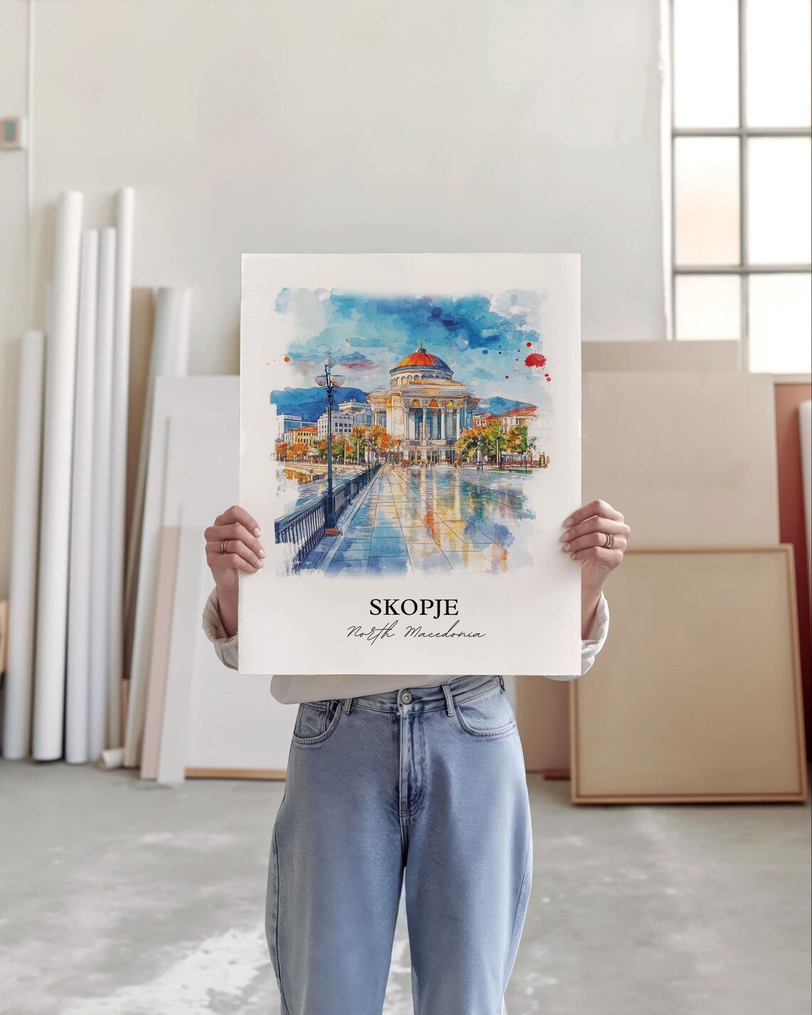 Skopje North Macedonia Watercolor Riverside Domed City Poster - Image 5