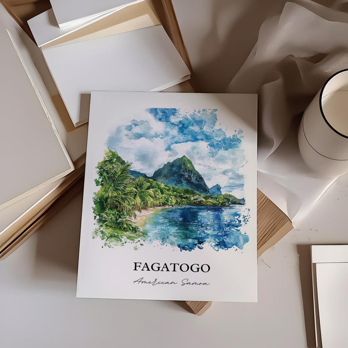 Fagatogo American Samoa Lush Peaks Bay Palm Watercolor Poster - Image 3