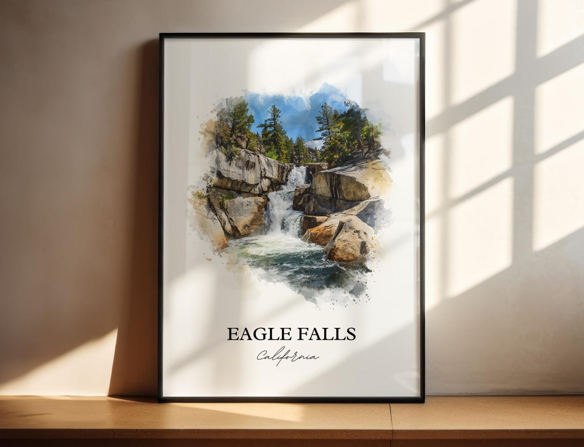 Eagle Falls California Rocky Cascade Mountain Stream Watercolor Poster