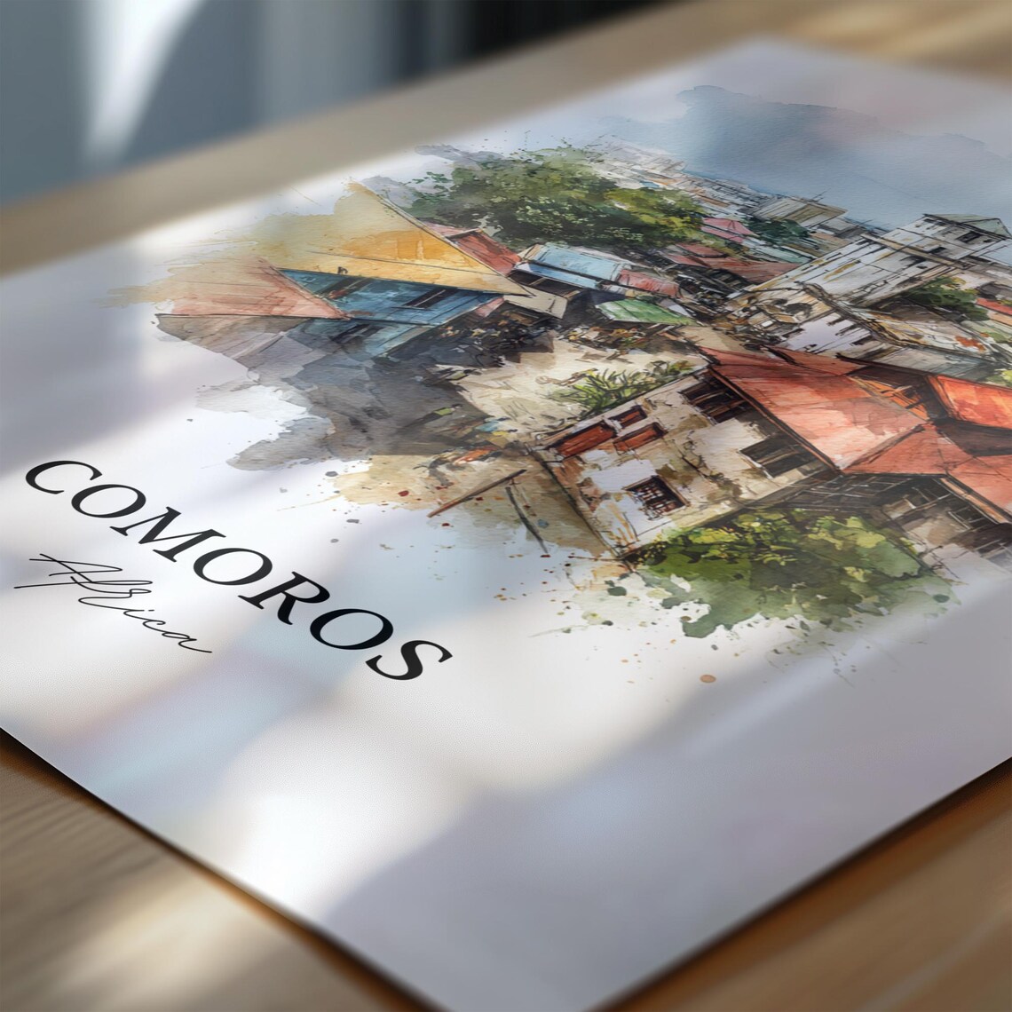 Comoros Africa Old Island Town Red Roofs Watercolor Travel Poster - Image 6