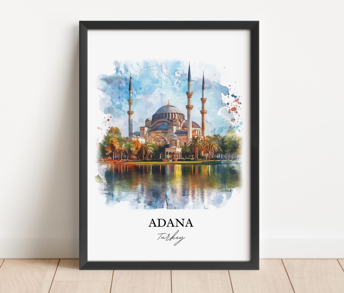 Adana Turkey Watercolor Grand Mosque Riverside Travel Poster - Image 3