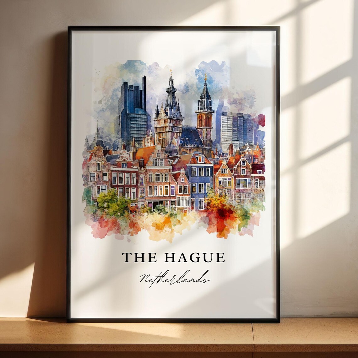 The Hague Netherlands Watercolor Colorful Canal Houses Towers Poster
