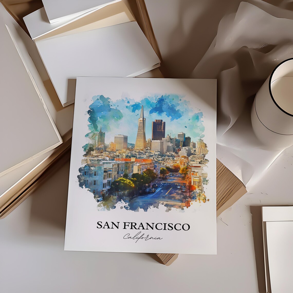 San Francisco California Iconic Skyline Watercolor City Art Poster - Image 2