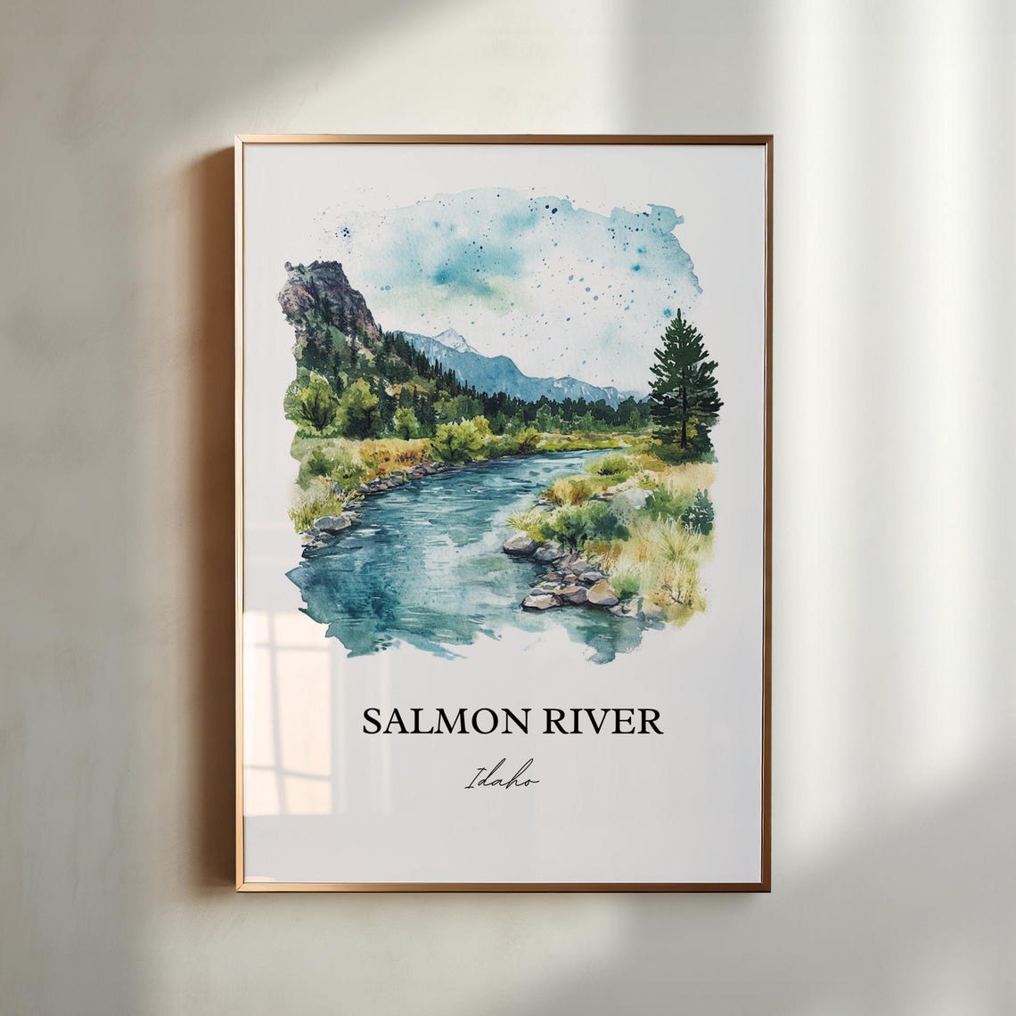 Salmon River Idaho Mountain River Pine Forest Watercolor Travel Poster