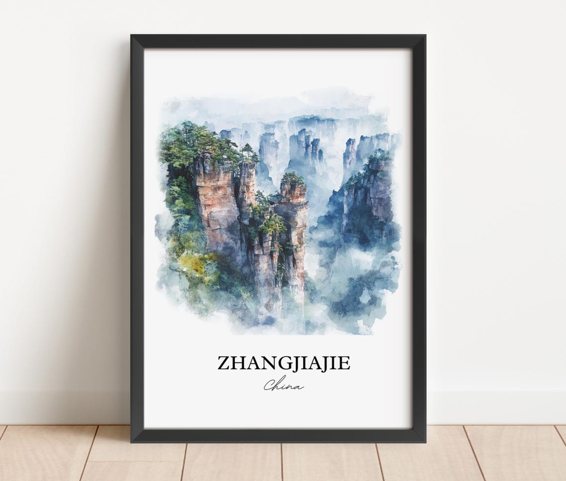 Zhangjiajie China Watercolor Sandstone Pillars Misty Peaks Poster - Image 4