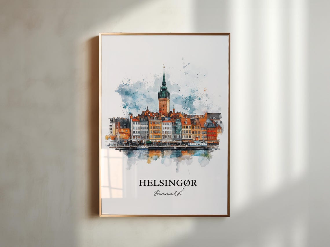 Helsingor Denmark Waterfront Old Town Spire Watercolor Poster - Image 4