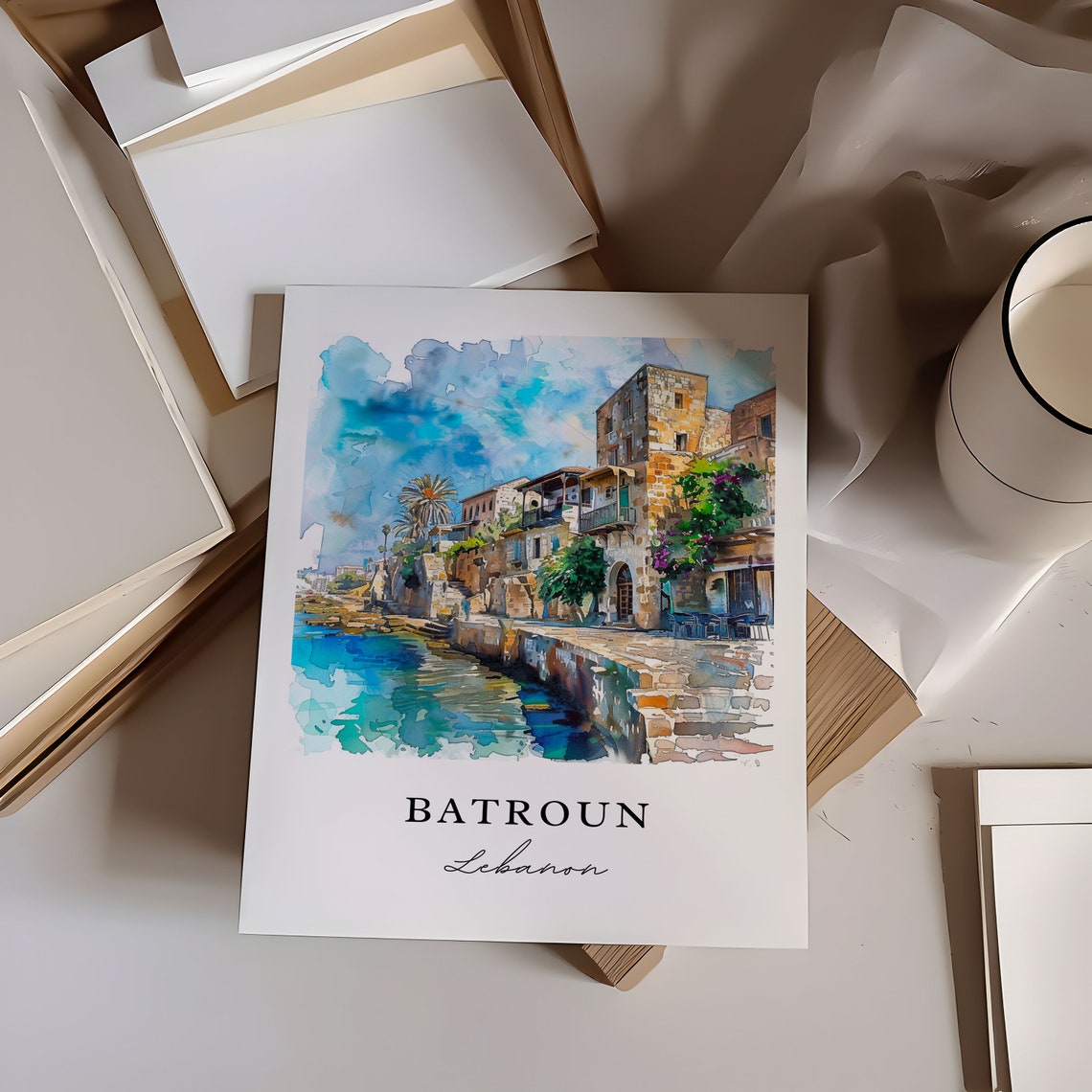 Batroun Lebanon Watercolor Art Seaside Old Town Harbor Poster - Image 6