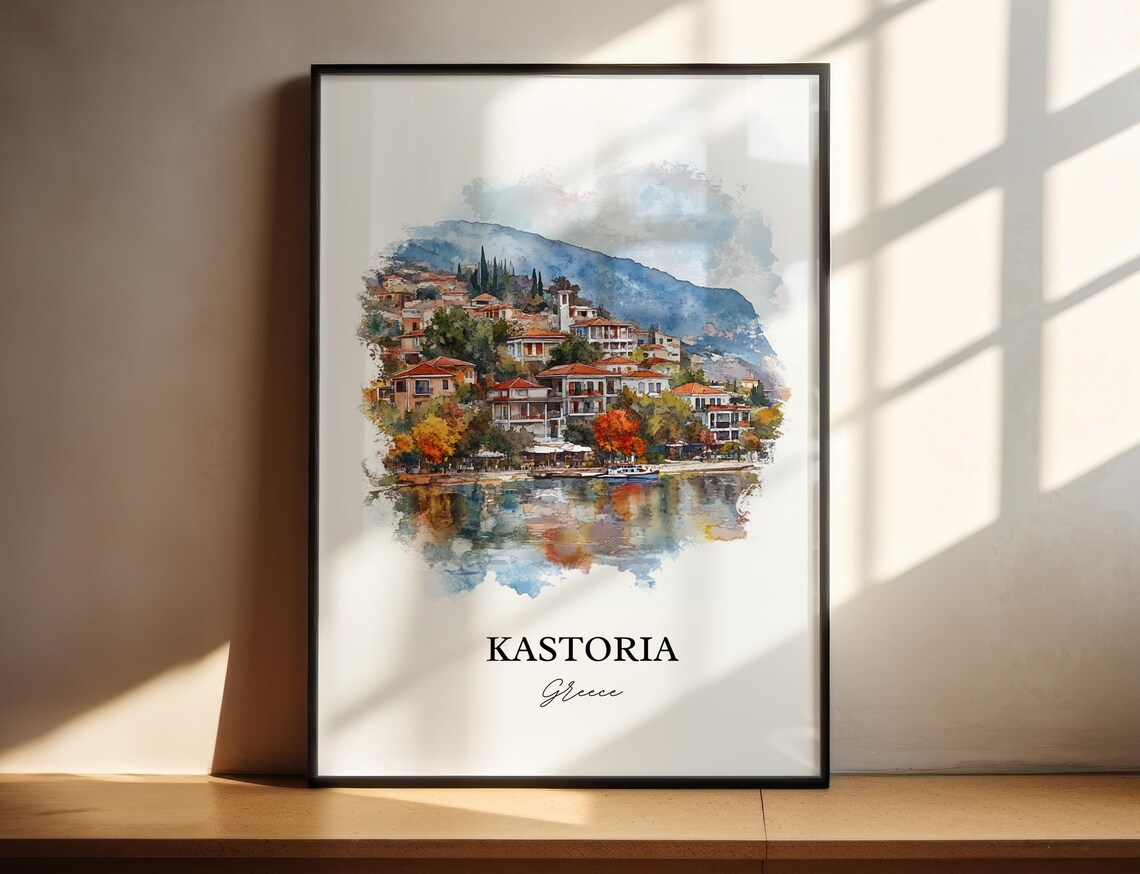 Kastoria Greece Watercolor Lakeside Town Mountain Reflection Poster