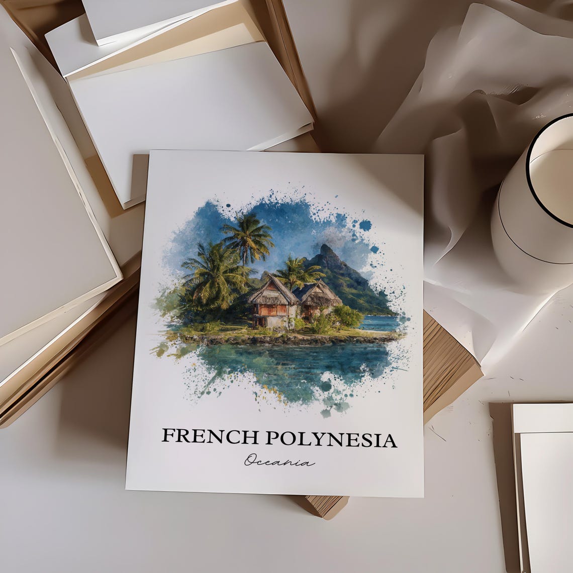 French Polynesia Thatched Huts Lagoon Watercolor Travel Poster - Image 3
