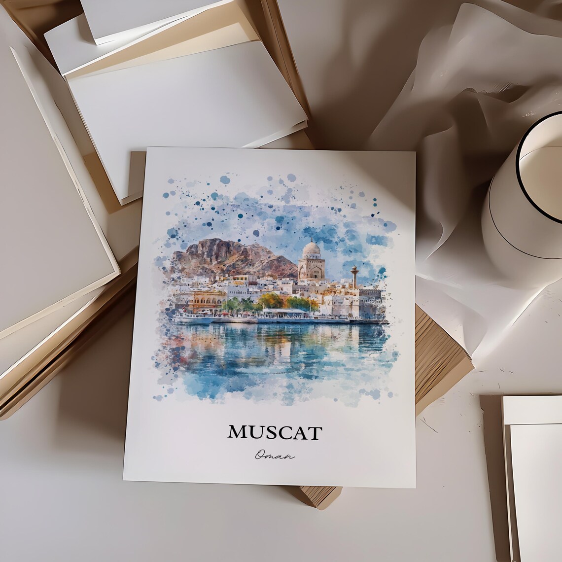 Muscat Oman Watercolor Harbor Cityscape Arabia Travel Poster - Image 2
