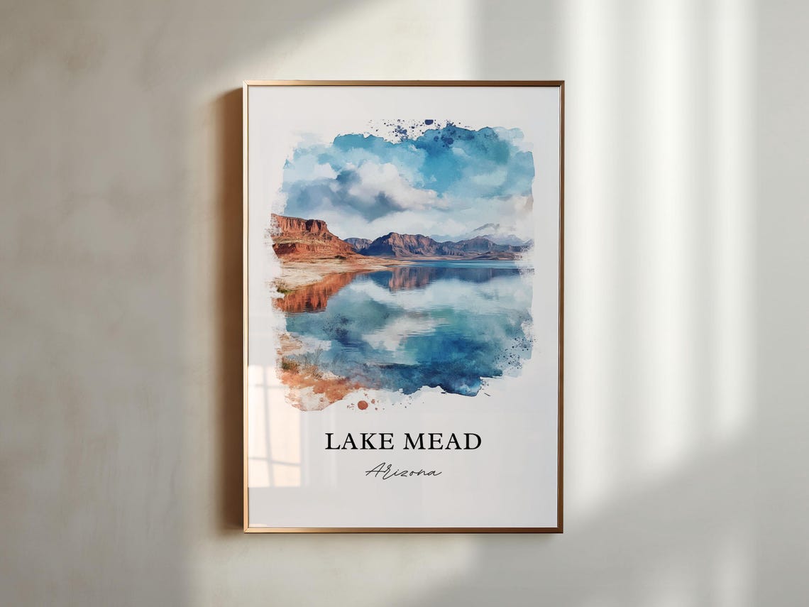 Lake Mead Arizona Red Rock Cliffs Desert Lake Watercolor Travel Poster - Image 3