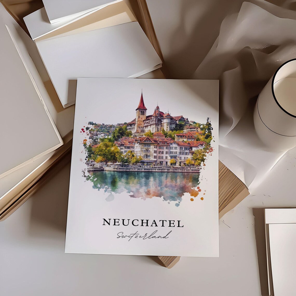 Neuchatel Switzerland Lake Town Castle Watercolor Travel Poster - Image 6