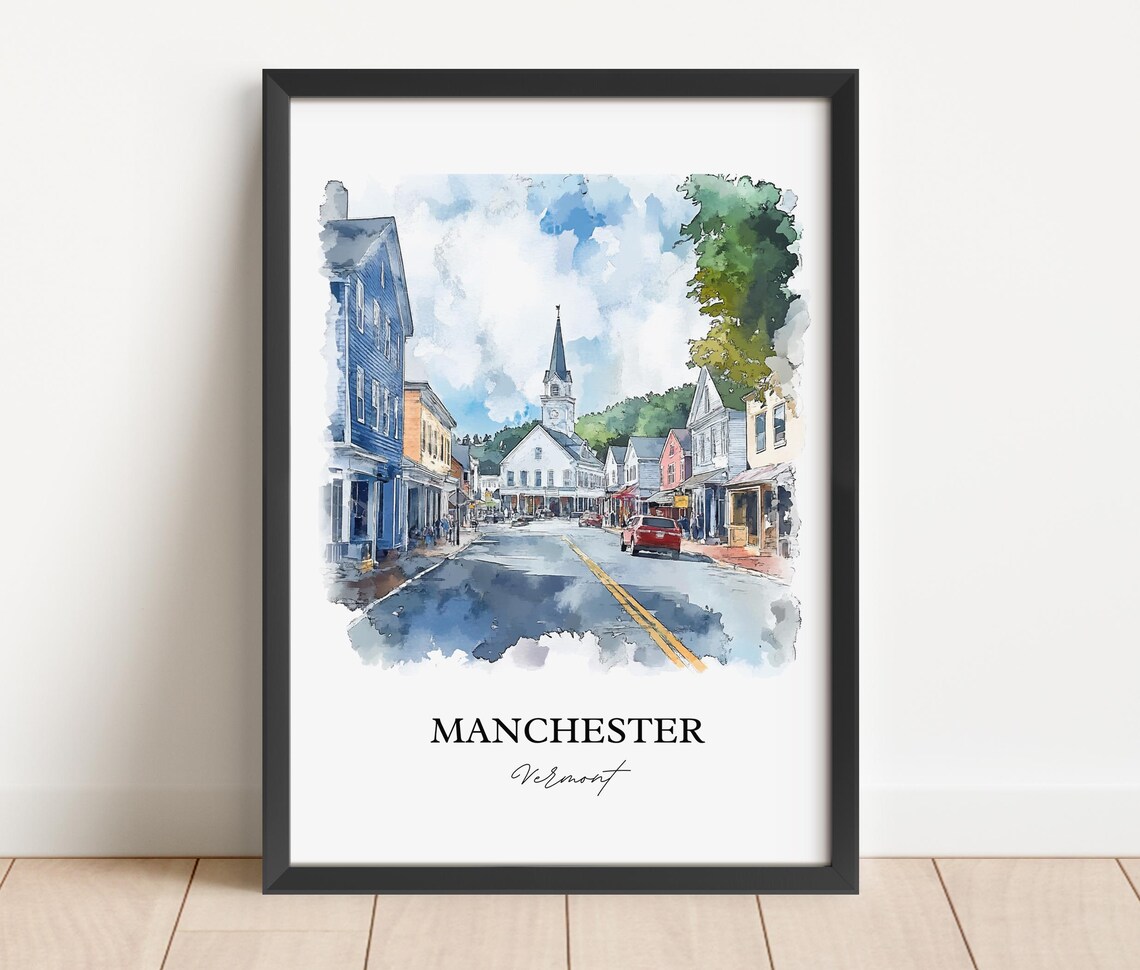 Manchester Vermont Church Steeple Main Street Watercolor Travel Poster - Image 2