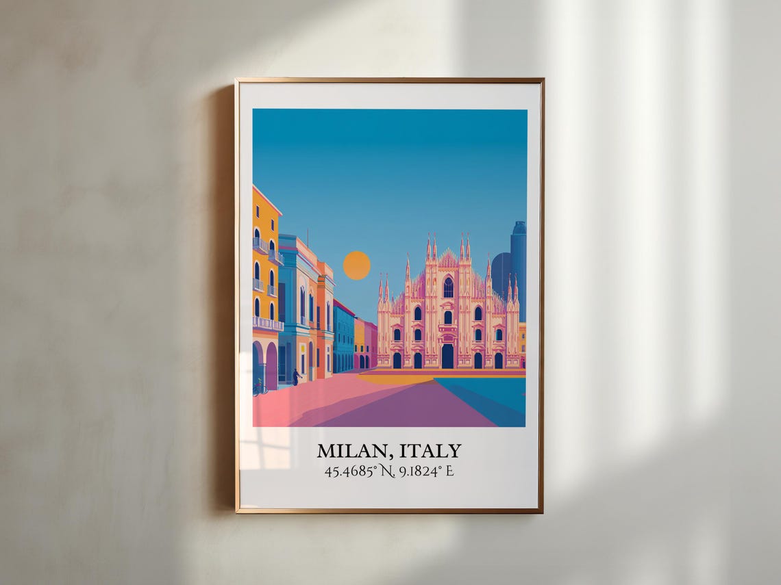 Milan Italy Cathedral Sunset Plaza Retro Travel Coordinates Art Poster - Image 2