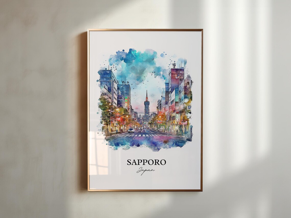 Sapporo Japan Watercolor City Street Tower Landmark View Poster - Image 5