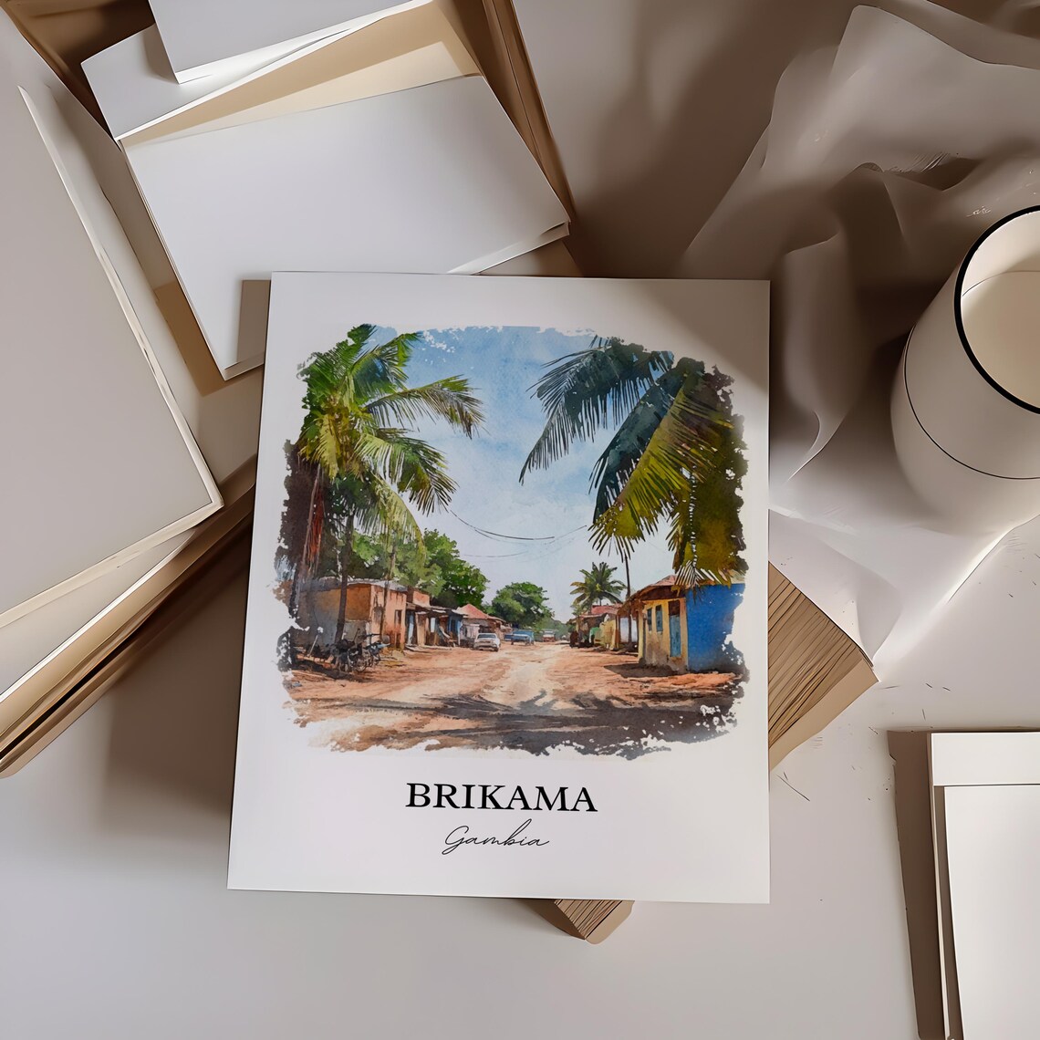 Brikama Gambia Village Road Palm Trees Watercolor Travel Poster - Image 3
