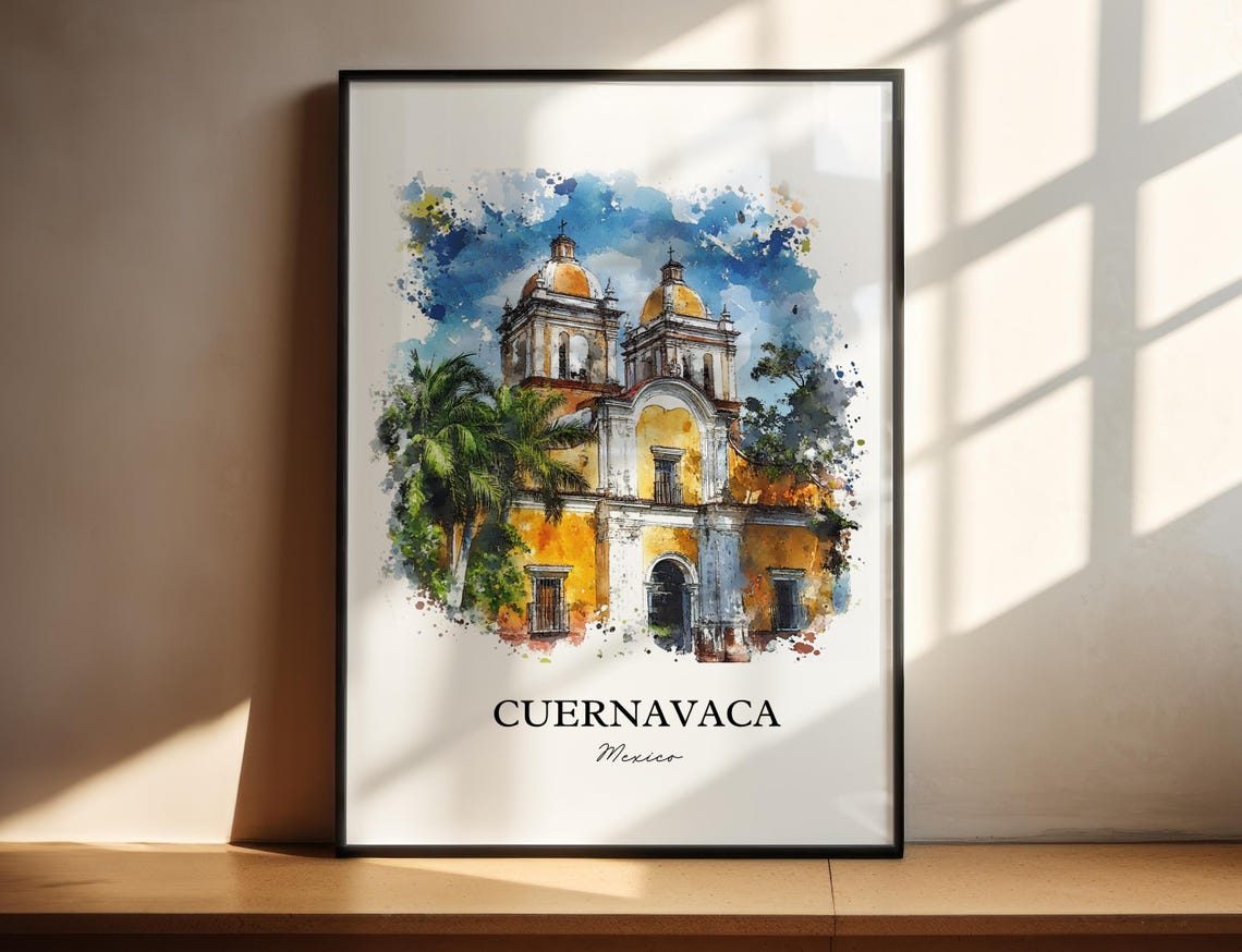 Cuernavaca Mexico Colonial Church Twin Domes Watercolor Poster