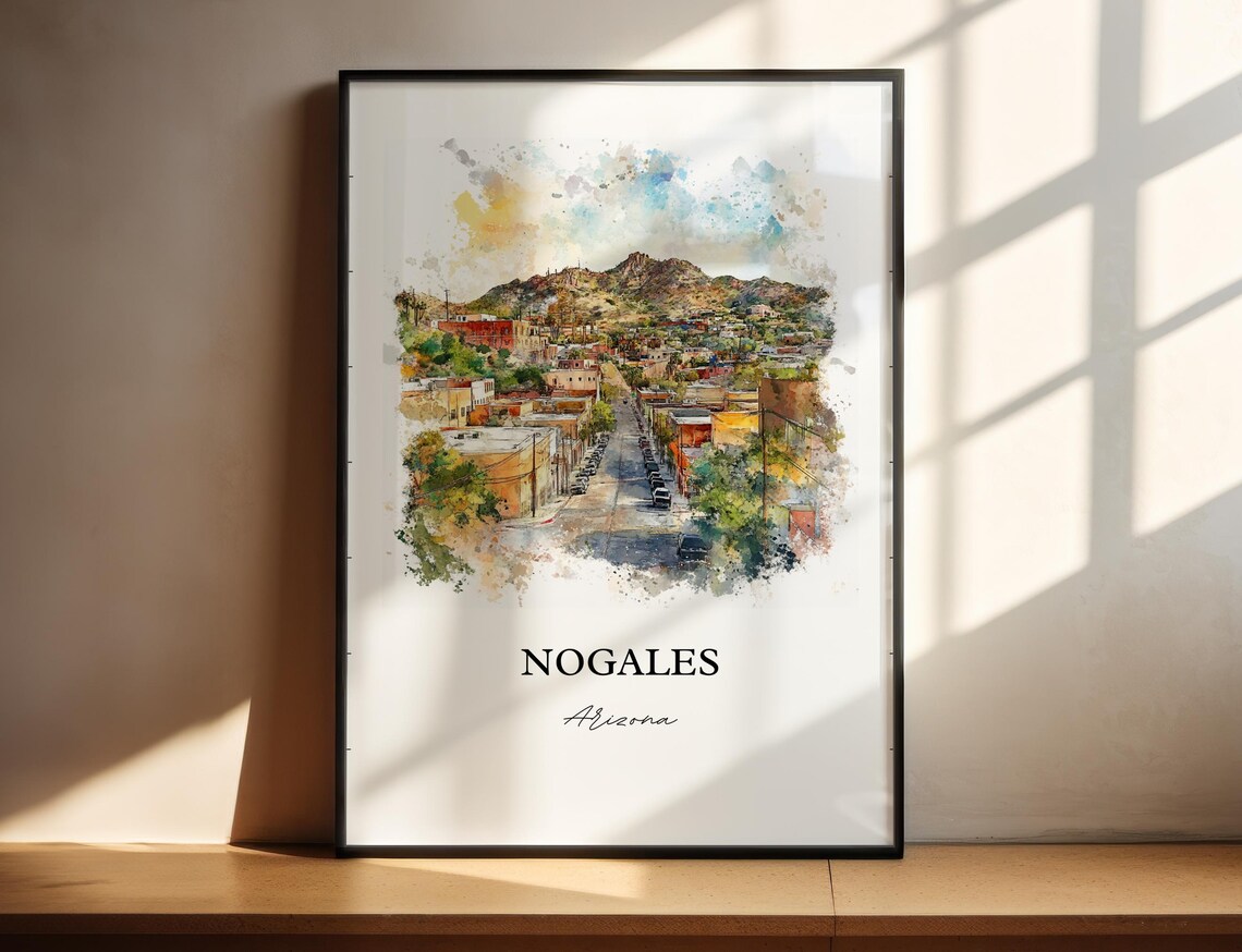 Nogales Arizona Historic Border Town Street Watercolor Travel Poster