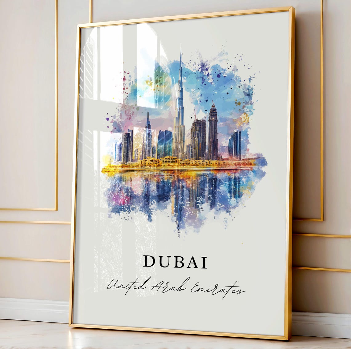 Dubai UAE Burj Khalifa Skyline Reflection Watercolor Travel Poster - Image 4