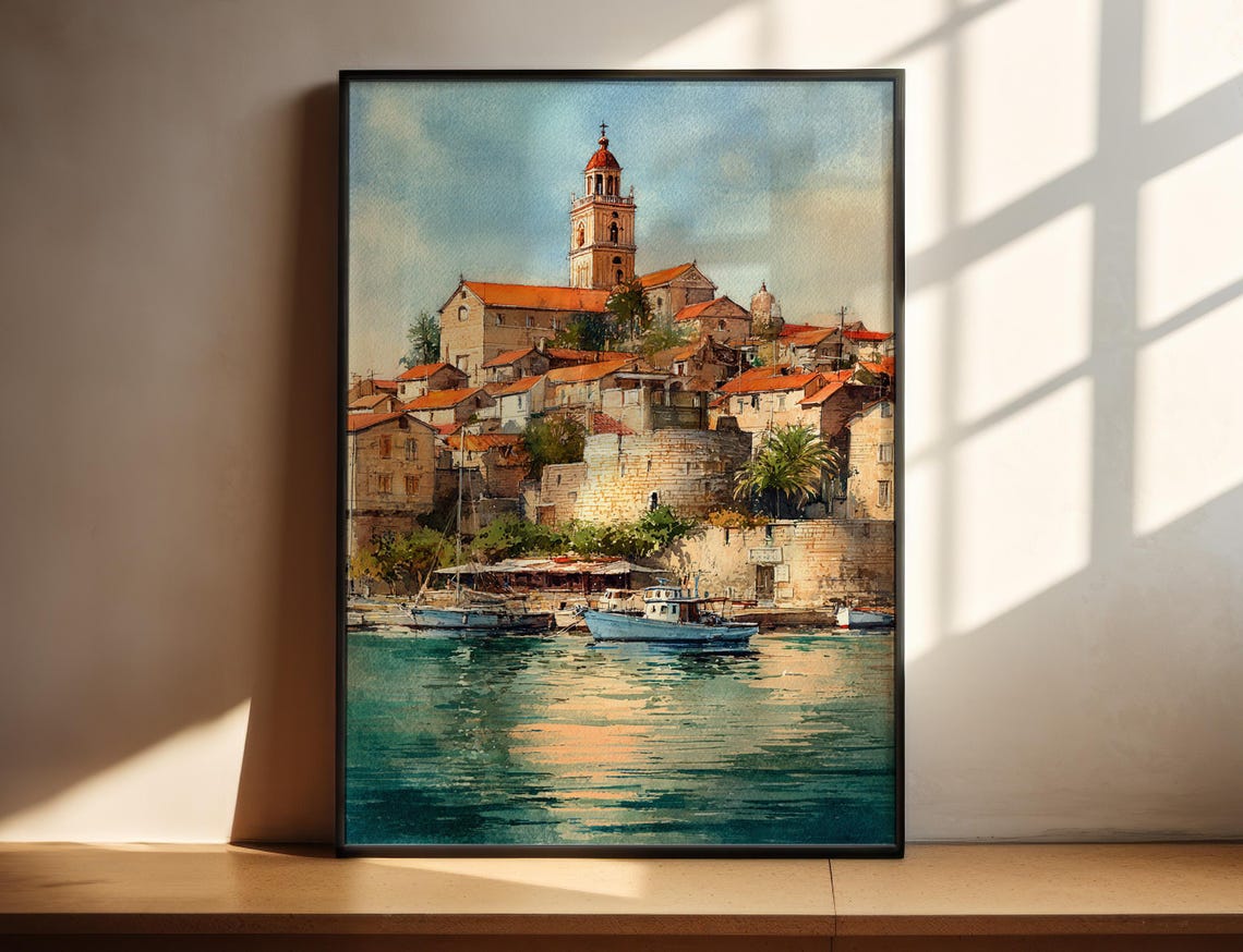 Korcula Croatia Medieval Old Town Harbor Watercolor Travel Poster