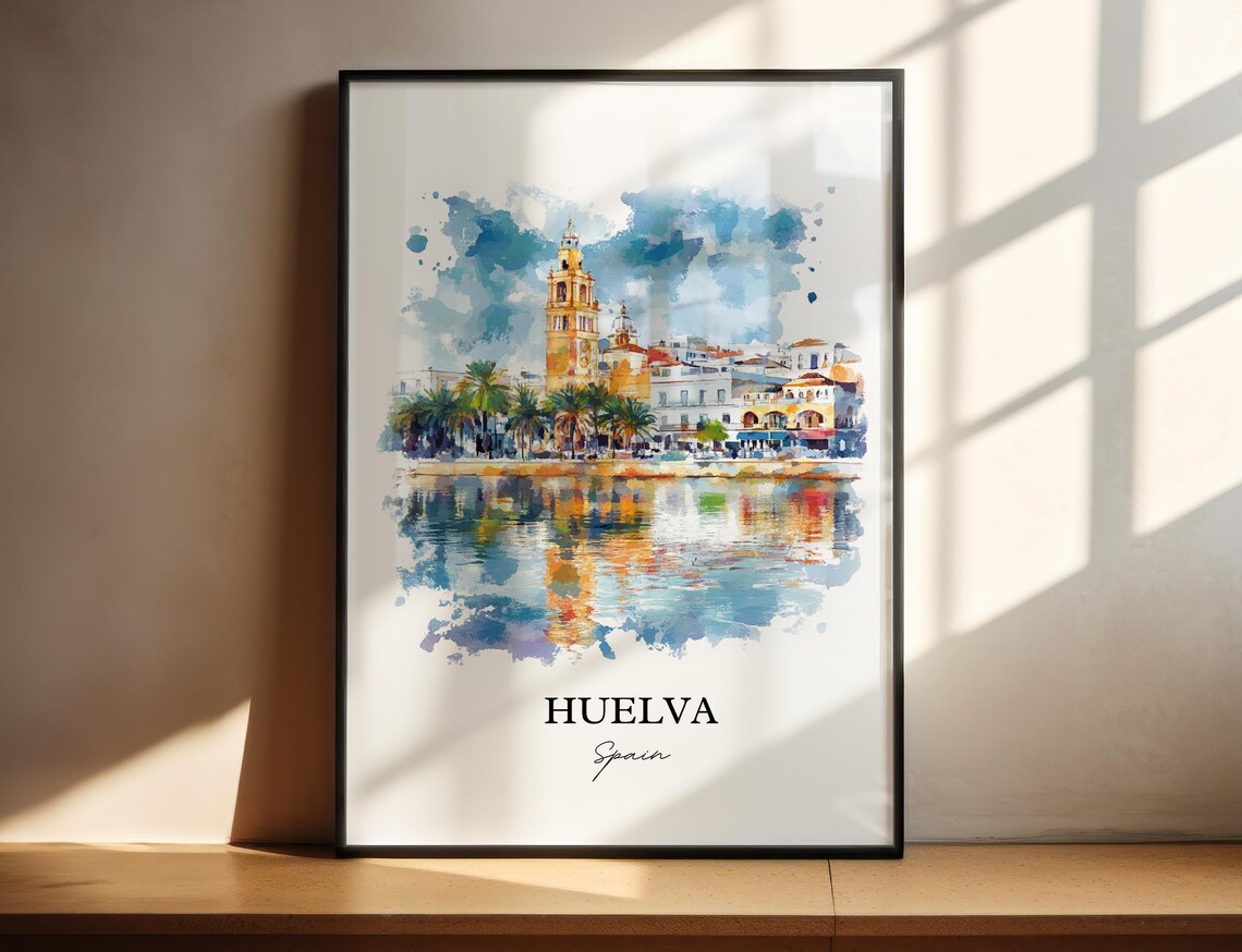 Huelva Spain Waterfront Palms Bell Tower Watercolor Travel Poster