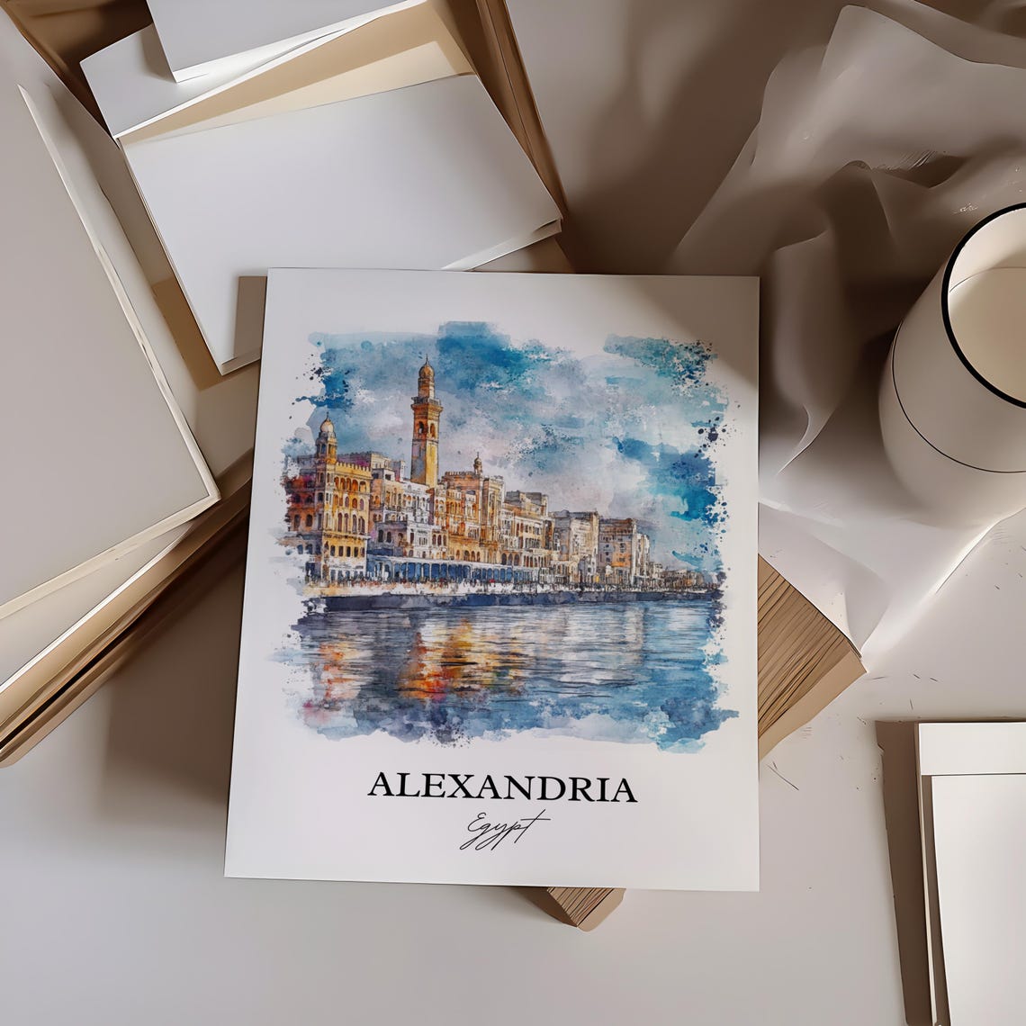Alexandria Egypt Watercolor Mediterranean Waterfront Travel Poster - Image 3