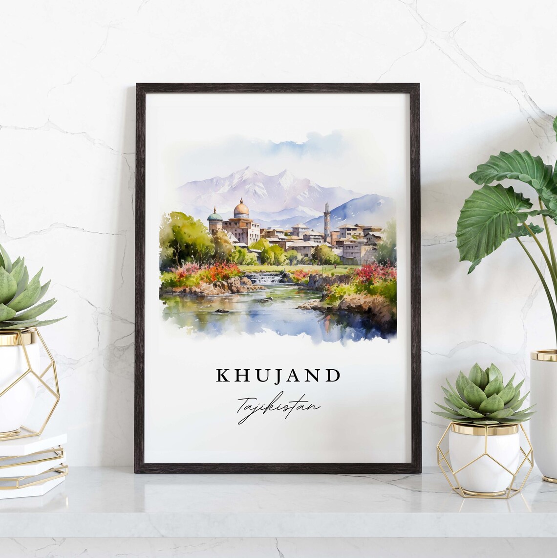 Khujand Tajikistan Riverside Old Town Watercolor Travel Art Poster - Image 3