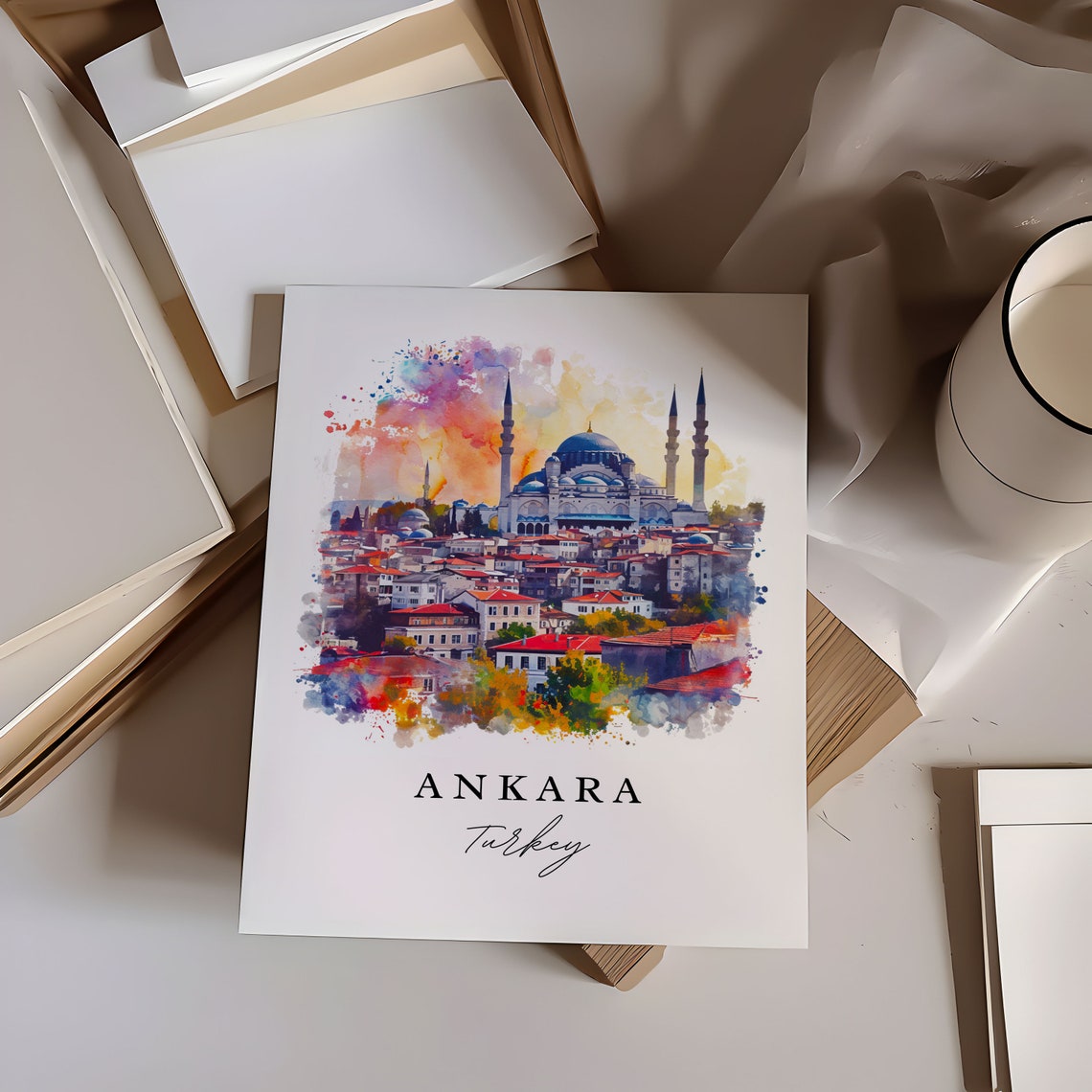 Ankara Turkey Watercolor Mosque Minarets Red Rooftops Art Poster - Image 6