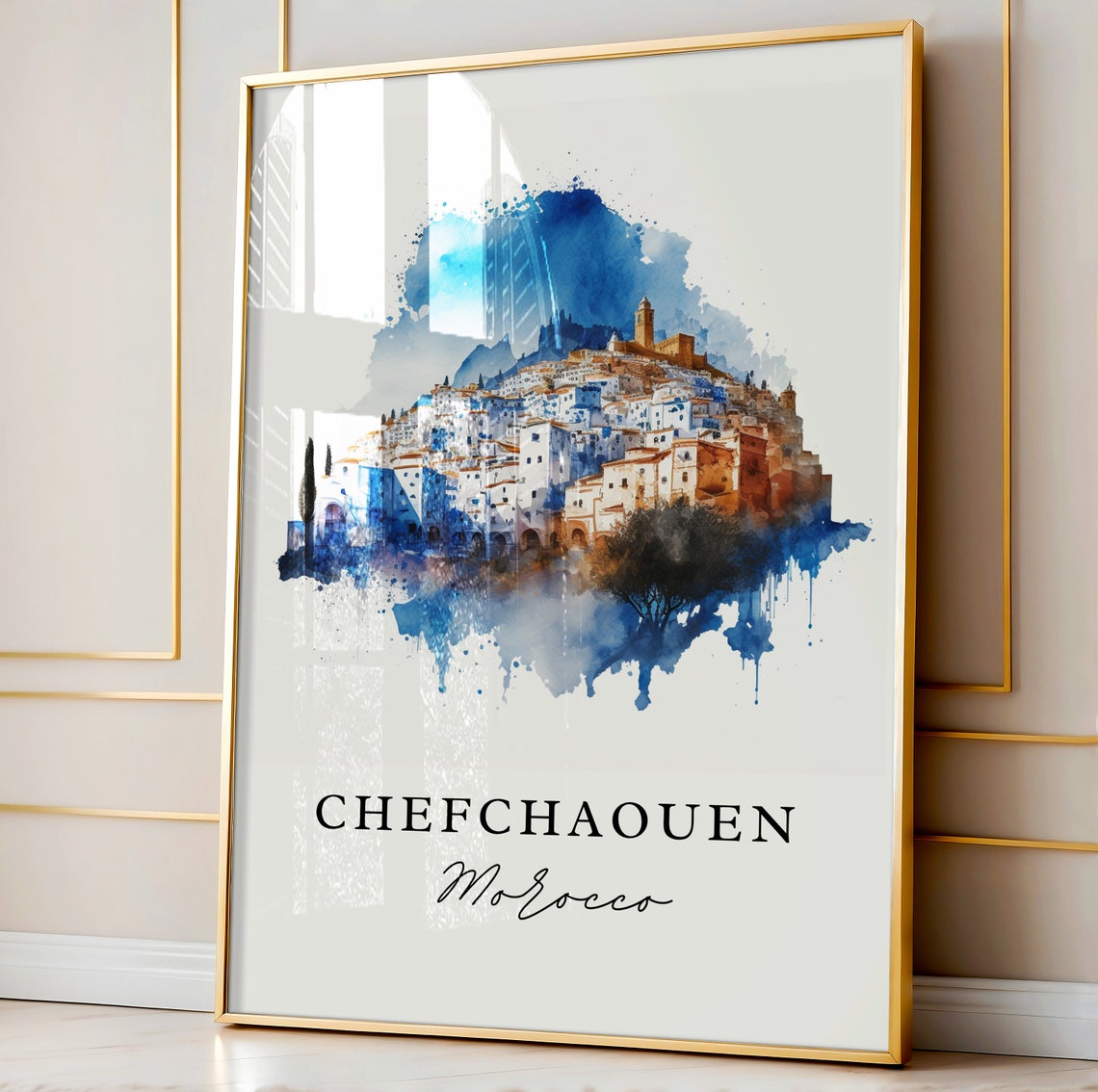 Chefchaouen Morocco Watercolor Blue City Travel Scene Poster - Image 4